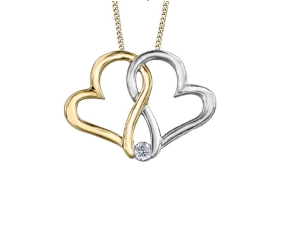 Collar de corazones de diamantes canadienses brillantes redondos de 0,04 quilates de oro blanco y amarillo de 10 quilates
