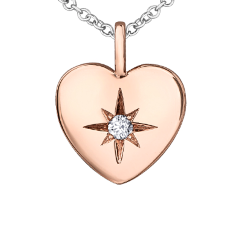 Collar con forma de corazón de diamantes canadienses brillantes redondos de 0,02 quilates en oro rosa de 10 quilates