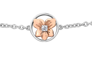 Pulsera de diamantes con flor provincial Yukon Fireweed de oro blanco y rosa de 14 quilates de 0,04 quilates