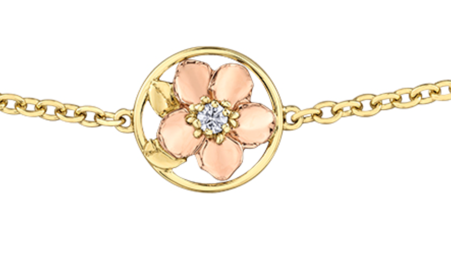 Pulsera de diamantes con flor provincial de Nueva Escocia de 0,04 quilates en oro amarillo y rosa de 14 quilates