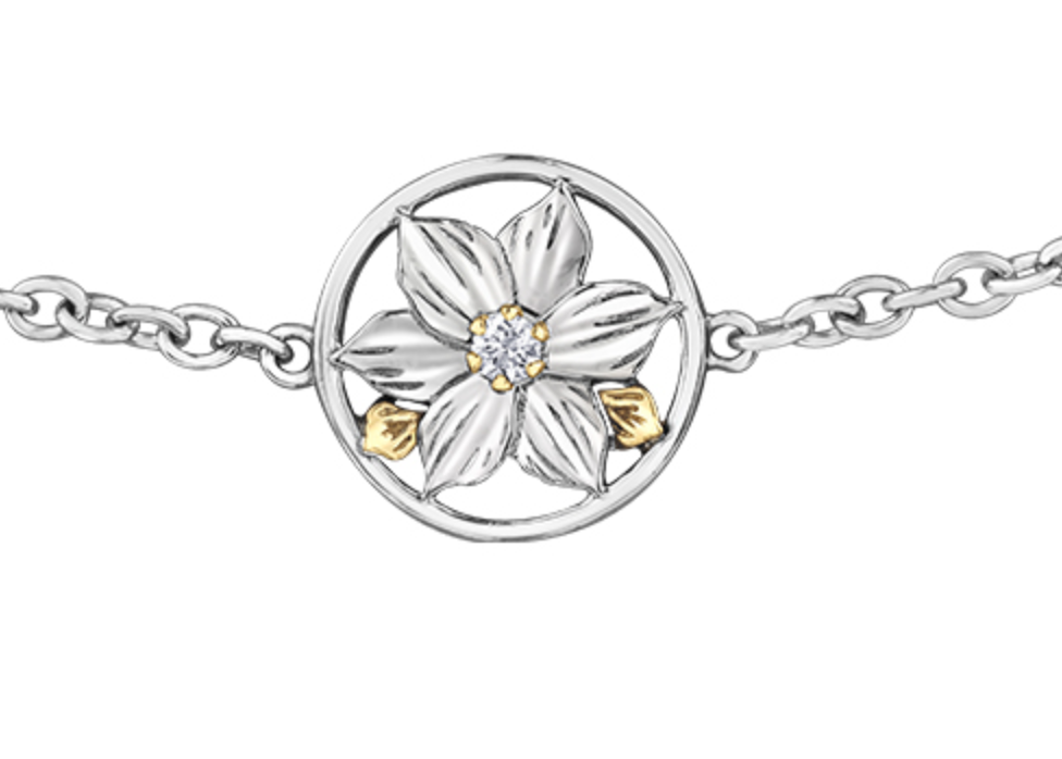 Pulsera de diamantes con flores provinciales de Columbia Británica de 0,03 quilates en oro blanco y amarillo de 14 quilates