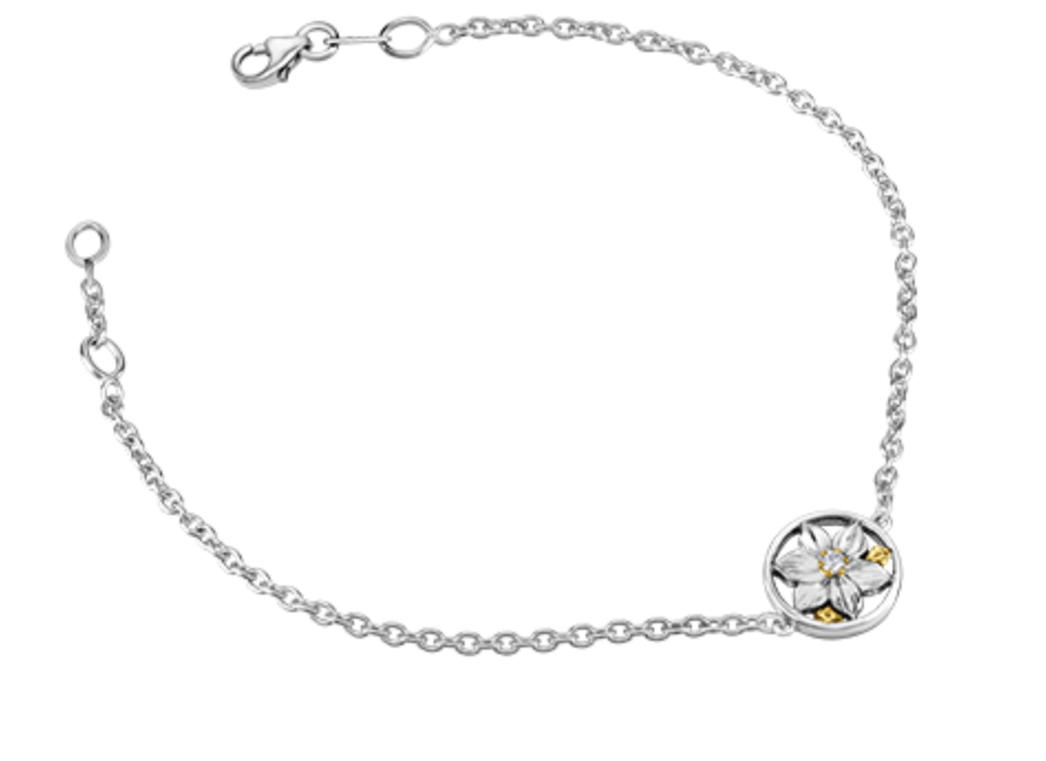 Pulsera de diamantes con flores provinciales de Columbia Británica de 0,03 quilates en oro blanco y amarillo de 14 quilates