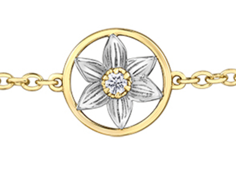 Pulsera de diamantes con flor provincial de azafrán de pradera de Manitoba de 0,04 quilates de oro blanco y amarillo de 14 quilates