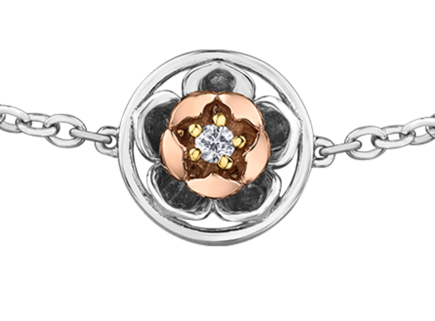 14K White &amp; Rose Gold 0.04cttw Nunavut Purple Saxifrage Provincial Flower Diamond Bracelet