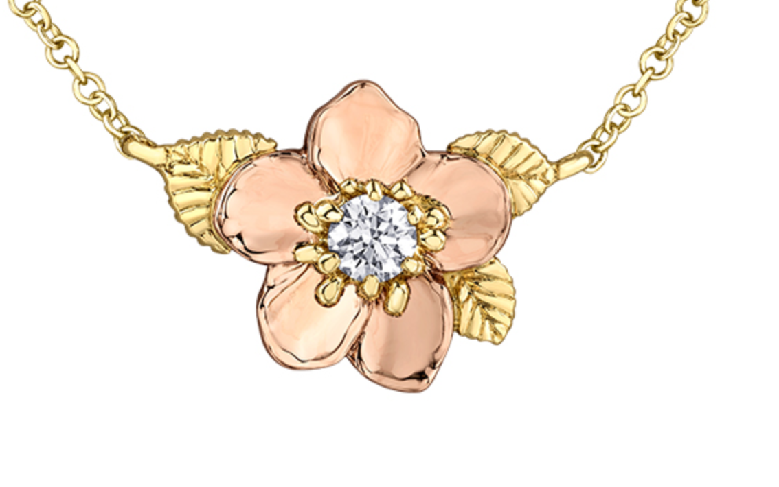 Collar de diamantes con flor provincial de Nueva Escocia de 0,14 quilates en oro amarillo y rosa de 14 quilates