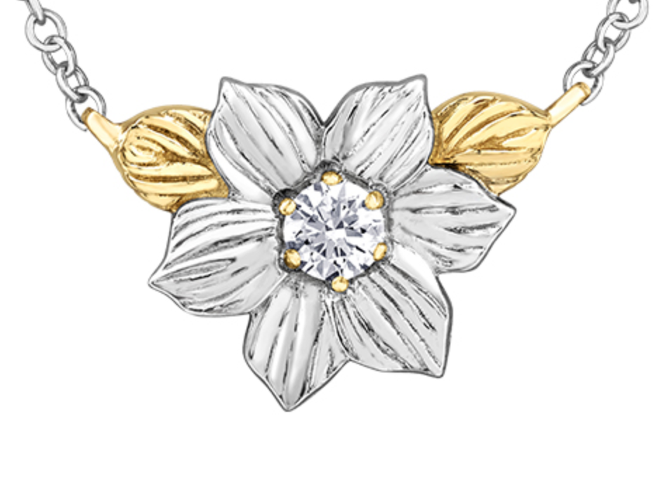 Collar de diamantes con flores provinciales de Columbia Británica de oro blanco y amarillo de 14 quilates de 0,11 quilates