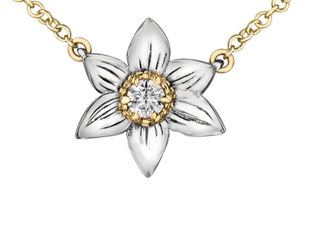 Collar de diamantes con flor provincial de Manitoba de 0,12 quilates en oro blanco y amarillo de 14 quilates