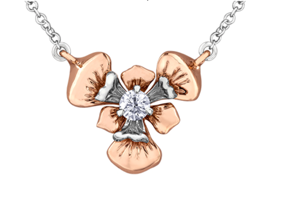 14K Rose &amp; White Gold 0.15cttw Quebec Provincial Flower Diamond Necklace