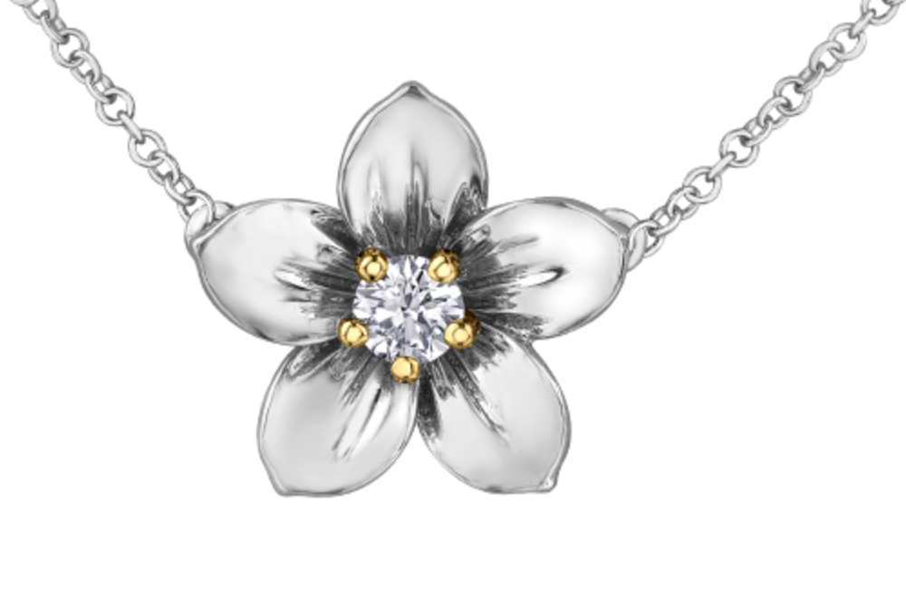 Collar de diamantes con flores provinciales de Nuevo Brunswick de 0,14 quilates en oro blanco y amarillo de 14 quilates