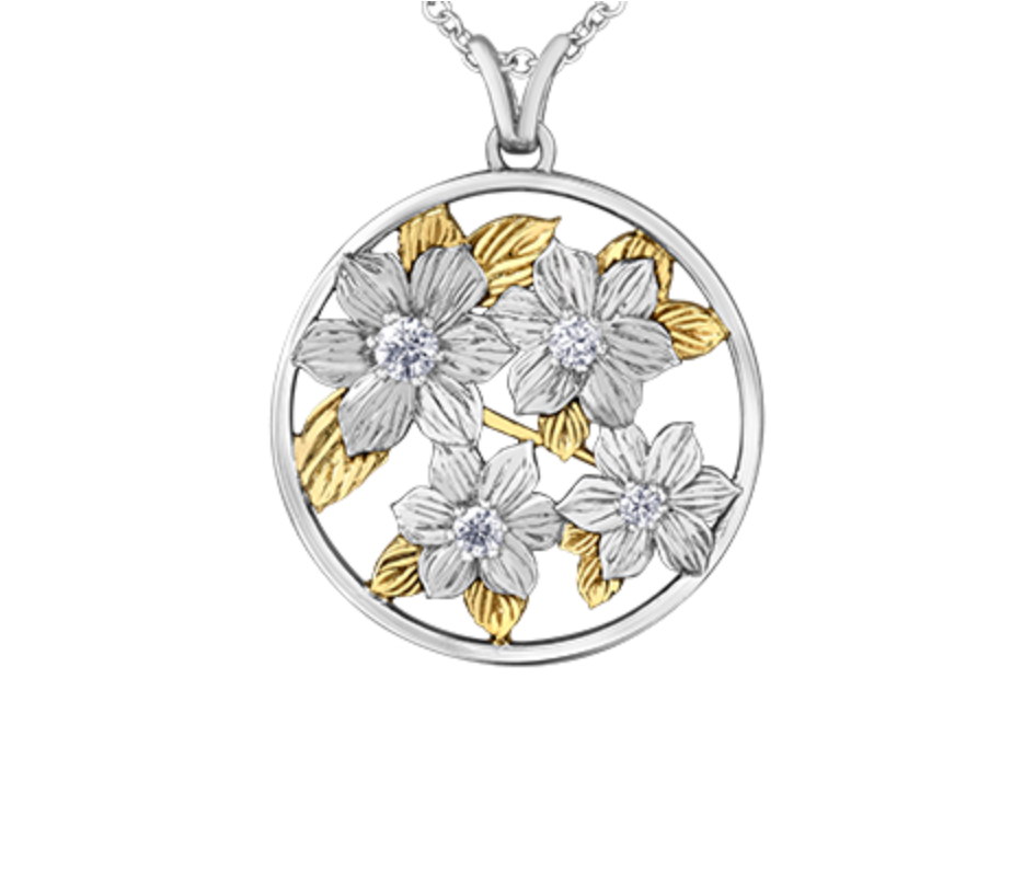 Collar de diamantes con flores provinciales de Columbia Británica de 0,23 quilates en oro blanco y amarillo de 14 quilates