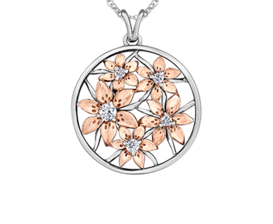 Collar de diamantes con flor provincial de Saskatchewan de oro blanco y rosa de 14 quilates de 0,27 quilates