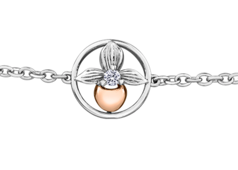 14K White &amp; Rose Gold 0.04cttw Prince Edward Island Lady&#39;s Slipper Provincial Flower Diamond Bracelet