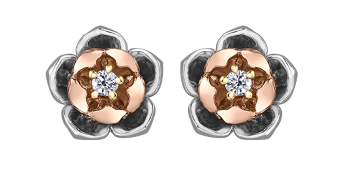 14K Tri-Color Gold 0.04cttw Nunavut Purple Saxifrage Provincial Flower Diamond Stud Earrings