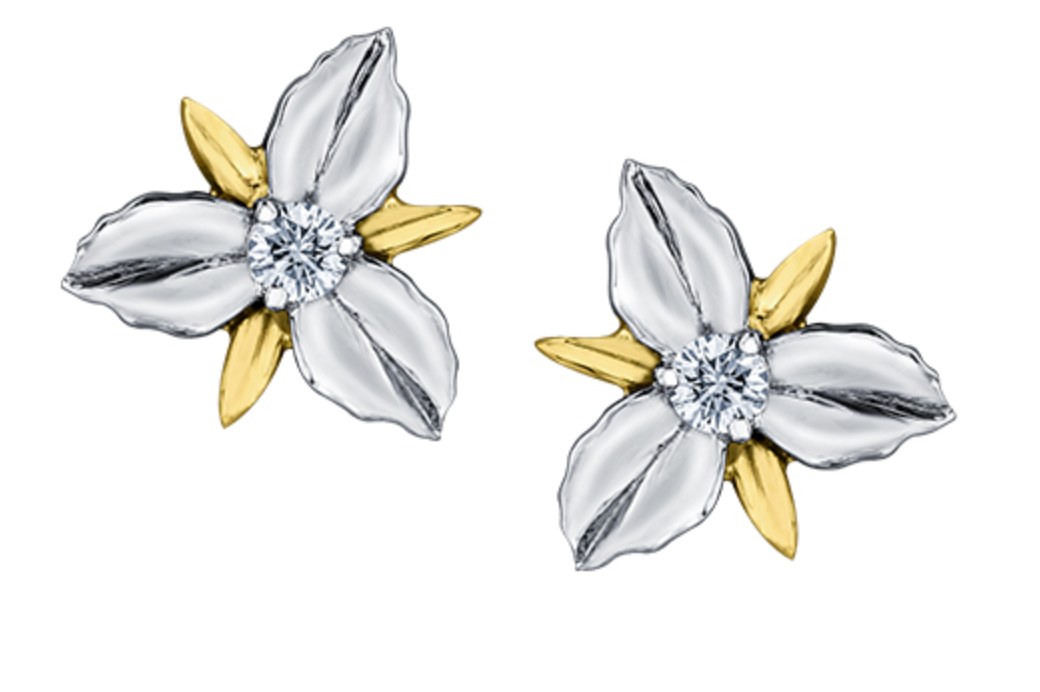 14K White and Yellow Gold 0.12cttw Ontario Provincial Flower Diamond Stud Earrings