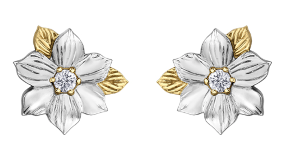 14K White and Yellow Gold 0.12cttw British Columbia Provincial Flower Diamond Stud Earrings