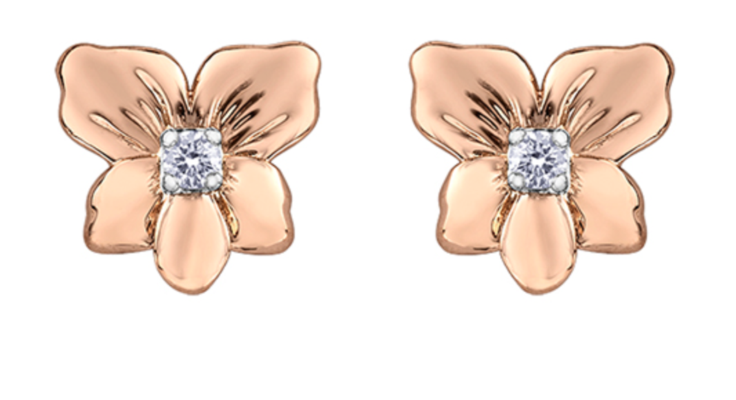 Pendientes de tuerca con diamantes de flor provincial de Yukon de oro blanco y rosa de 14 quilates de 0,12 quilates