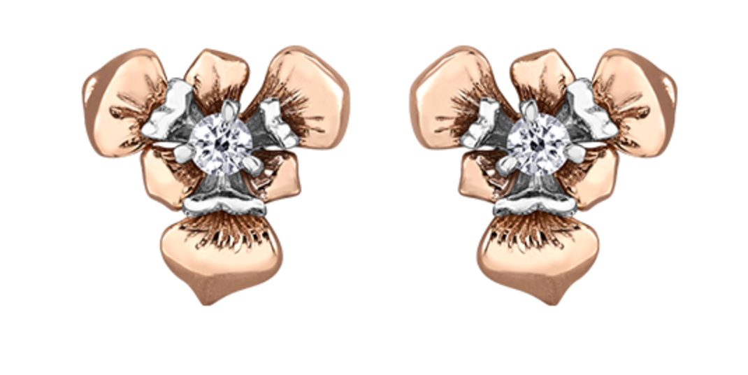 Aretes de diamantes con forma de flor provincial de Quebec de 0,15 quilates en oro blanco y rosa de 14 quilates