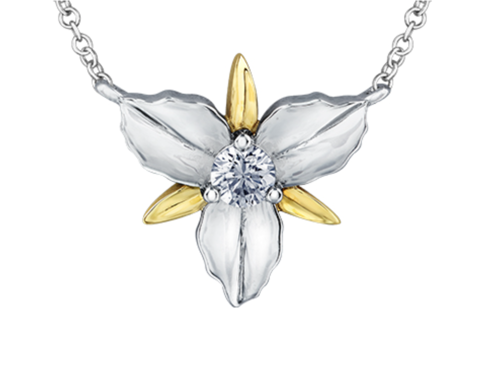 14K White &amp; Yellow Gold 0.14cttw Ontario Provincial Flower Diamond Necklace