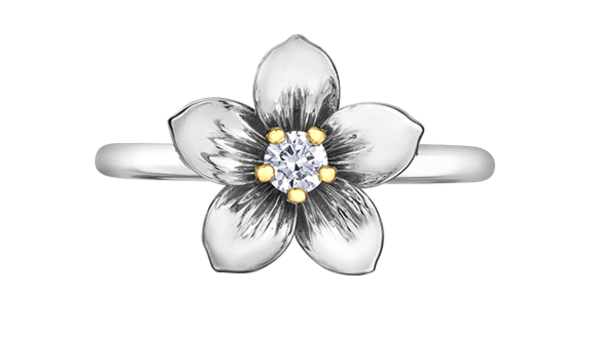 14K White & Yellow Gold 0.12cttw New Brunswick Provincial Flower Diamond Ring, size 6.5