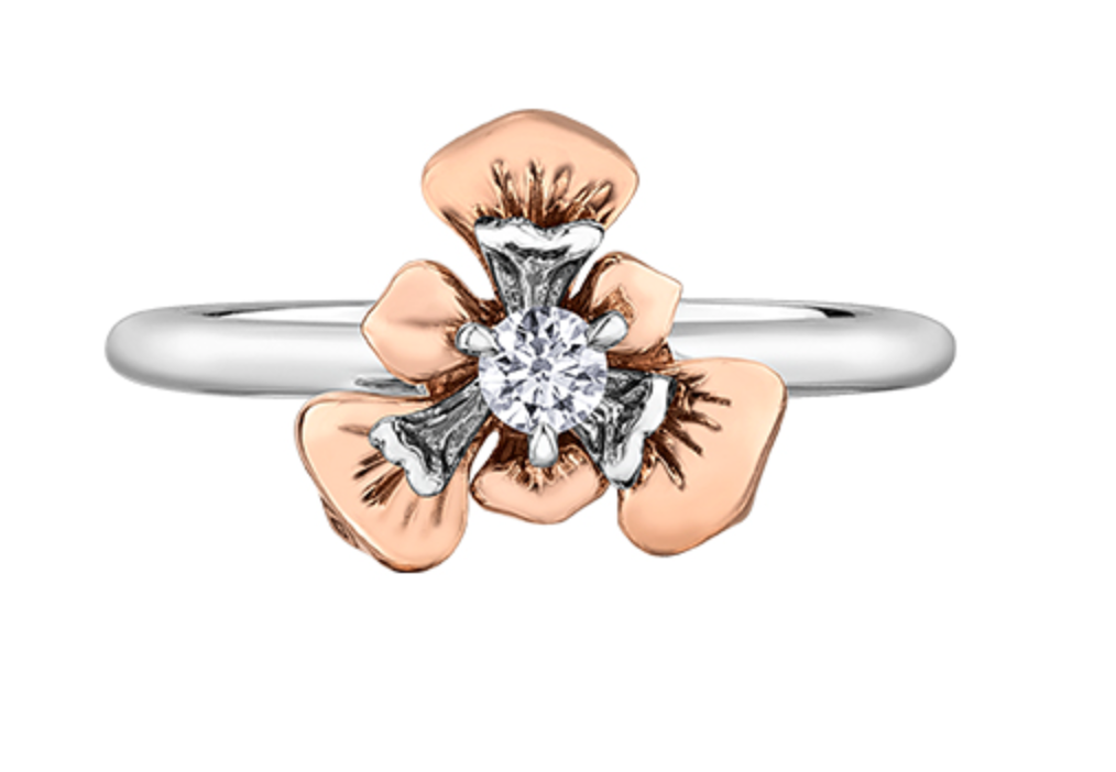 14K Rose &amp; White Gold 0.10cttw Quebec Provincial Flower Diamond Ring, size 6.5