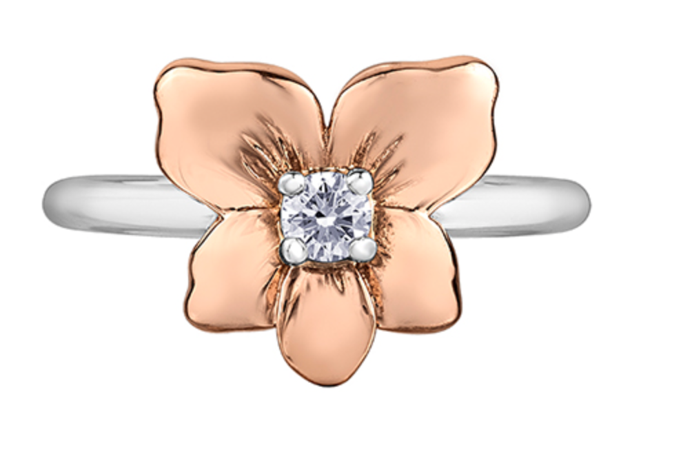 14K White &amp; Rose Gold 0.12cttw Yukon Provincial Flower Diamond Ring, size 6.5