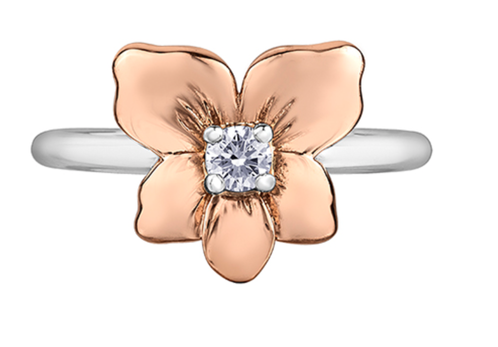 Anillo de diamantes con flor provincial de Yukon, oro blanco y rosa de 14 quilates, 0,12 quilates, tamaño 6,5