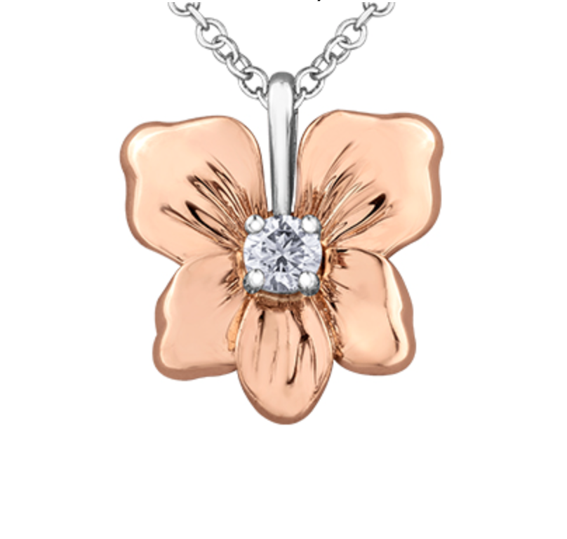 Collar de diamantes con flor provincial de Yukon, oro blanco y rosa de 14 quilates, 0,12 quilates