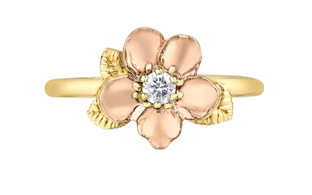 14K Rose &amp; Yellow Gold 0.09cttw Nova Scotia Provincial Flower Diamond Ring, size 6.5