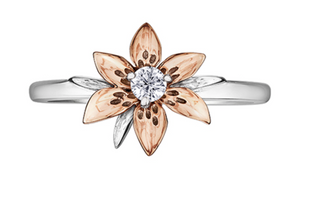 Anillo de diamantes con flor provincial de Saskatchewan de 0,10 quilates en oro blanco y rosa de 14 quilates, tamaño 6,5