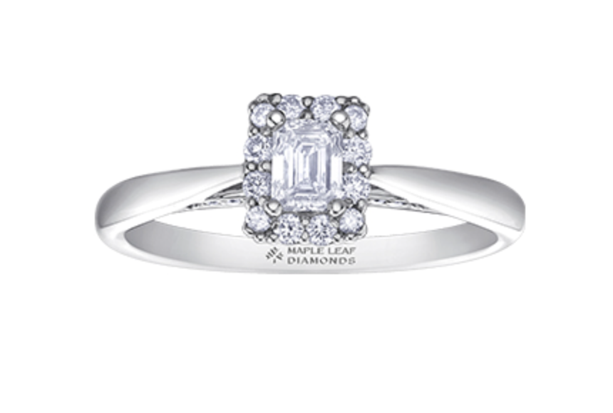 18K White Gold &amp; Palladium Alloy (hypoallergenic) 0.49cttw Canadian Emerald Cut Diamond Engagement Ring