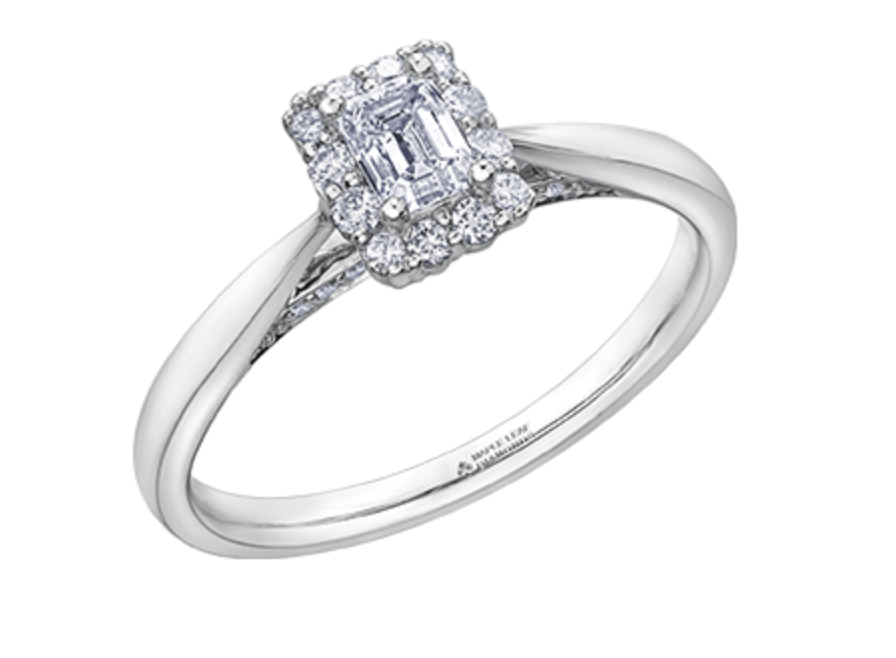 18K White Gold &amp; Palladium Alloy (hypoallergenic) 0.49cttw Canadian Emerald Cut Diamond Engagement Ring