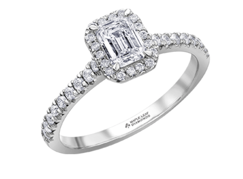 18K White Gold &amp; Palladium Alloy (hypoallergenic) 0.75cttw Canadian Emerald Cut Diamond Engagement Ring