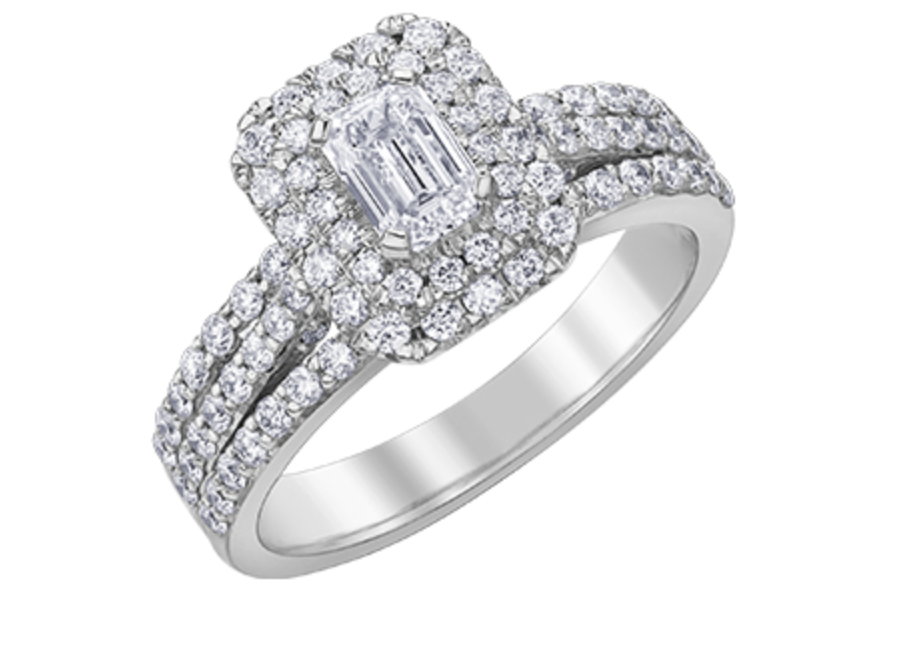 18K White Gold &amp; Palladium Alloy (hypoallergenic) 1.35cttw Canadian Emerald Cut Diamond Engagement Ring