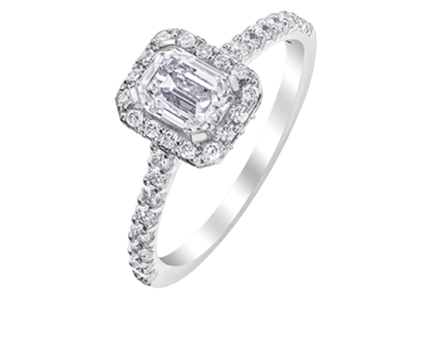 18K White Gold &amp; Palladium Alloy (hypoallergenic) 1.47cttw Canadian Emerald Cut Diamond Engagement Ring