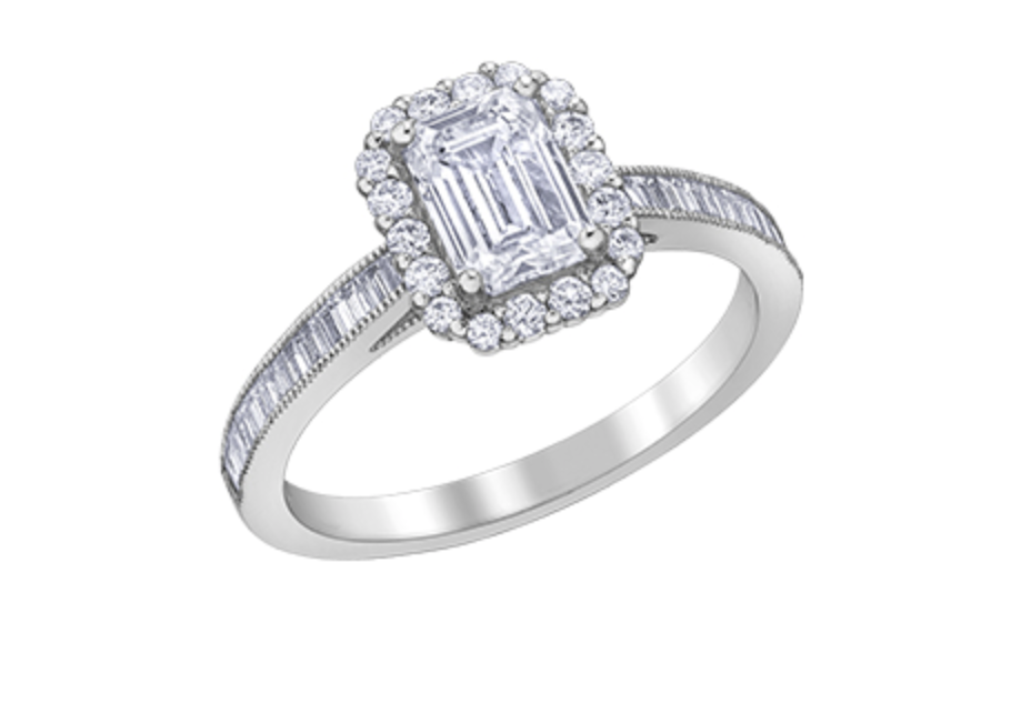 18K White Gold &amp; Palladium Alloy (hypoallergenic) 1.02-1.59cttw Canadian Emerald Shape Diamond Engagement Ring