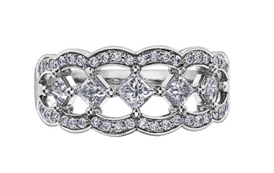Alianza de diamantes canadienses de talla brillante redonda y princesa de 0,75 quilates de oro blanco, amarillo o rosa de 14 quilates