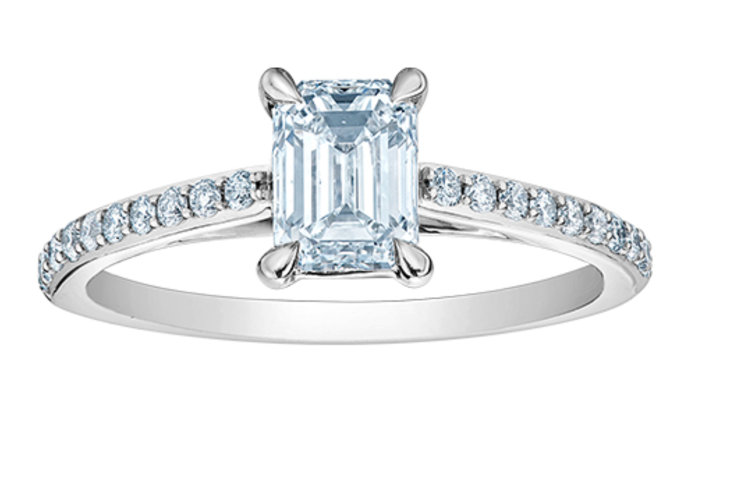 14K Lab Grown Emerald Cut Solitaire and Round Brilliant Canadian Diamond Engagement Ring