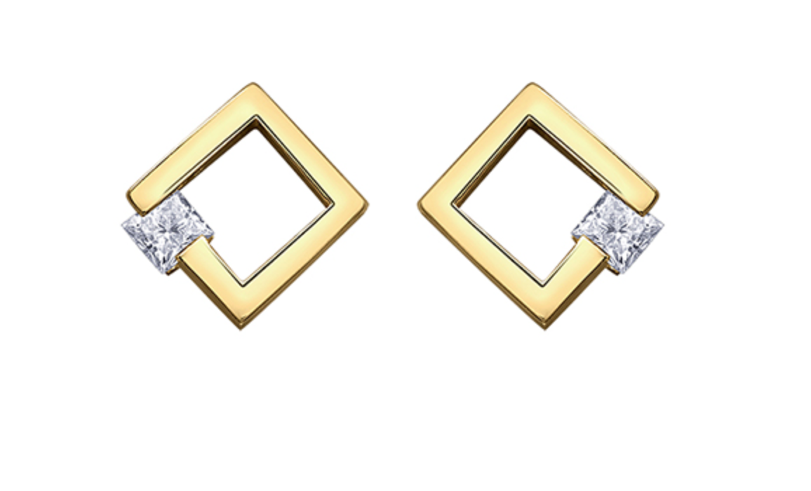 Pendientes geométricos de diamantes canadienses de talla princesa de 0,10 quilates de oro amarillo de 14 quilates