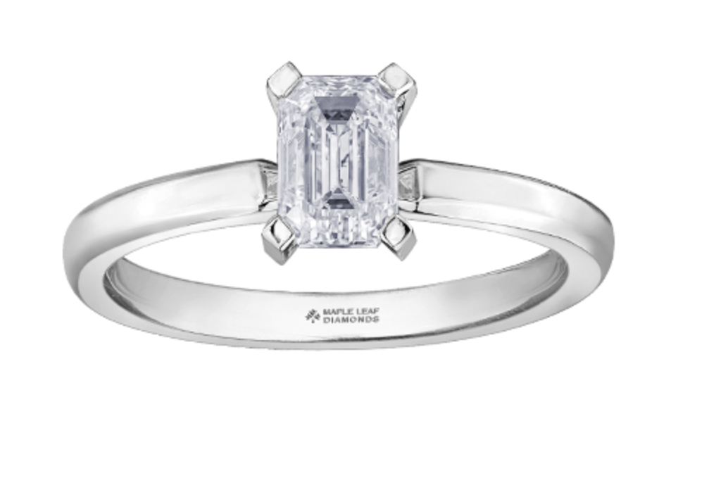 18K White Gold &amp; Palladium Alloy (hypoallergenic) 0.50-1.00cttw Emerald Cut Canadian Diamond Engagement Ring