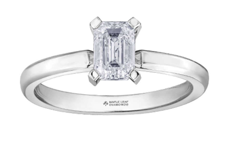 18K White Gold &amp; Palladium Alloy (hypoallergenic) 0.70-1.00cttw Emerald Cut Canadian Diamond Engagement Ring