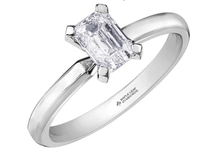 18K White Gold &amp; Palladium Alloy (hypoallergenic) 0.70-1.00cttw Emerald Cut Canadian Diamond Engagement Ring