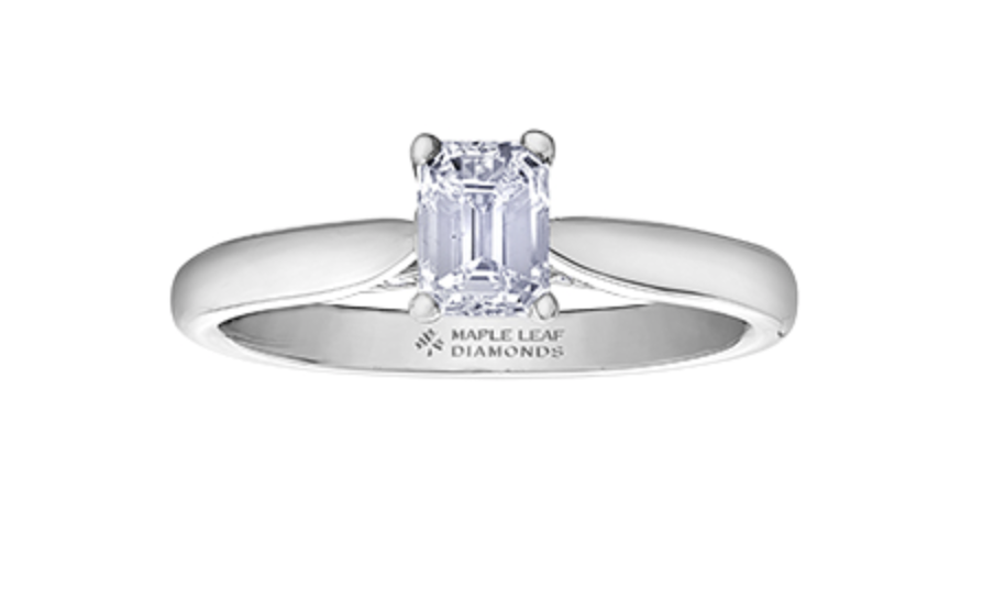 18K White Gold &amp; Palladium Alloy (hypoallergenic) 0.73cttw Emerald Cut Canadian Diamond Engagement Ring