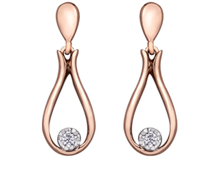 Pendientes colgantes de oro rosa de 10 quilates con diamantes canadienses brillantes redondos de 0,06 quilates