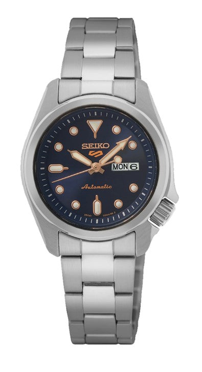Silver Seiko watch with a blue face on a white background