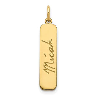 Gold pendant with 'Micah' engraved on a white background