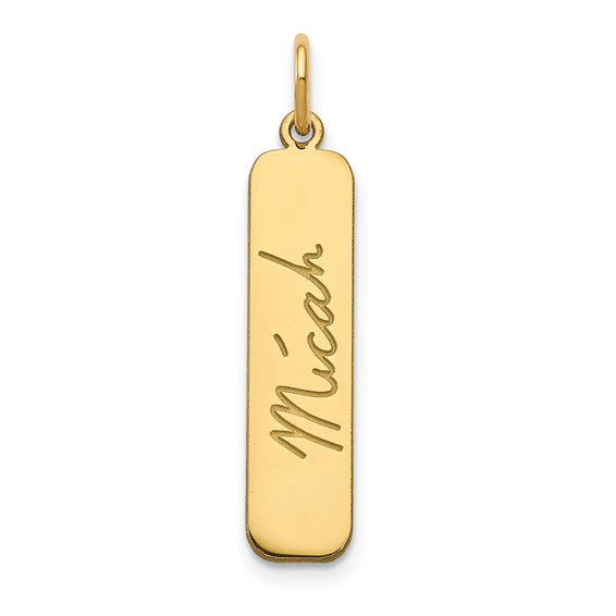 Gold pendant with 'Micah' engraved on a white background