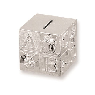 Silver block-shaped money box with letters on a white background