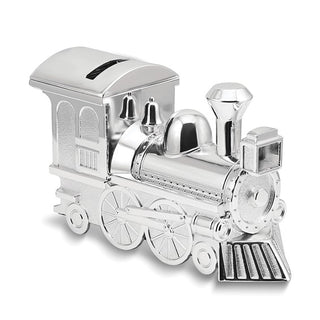 Silver train-shaped money box on a white background