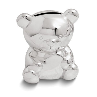 Silver teddy bear-shaped piggy bank on a white background