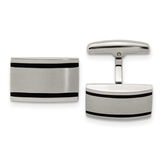Pair of silver cufflinks with black stripes on a white background